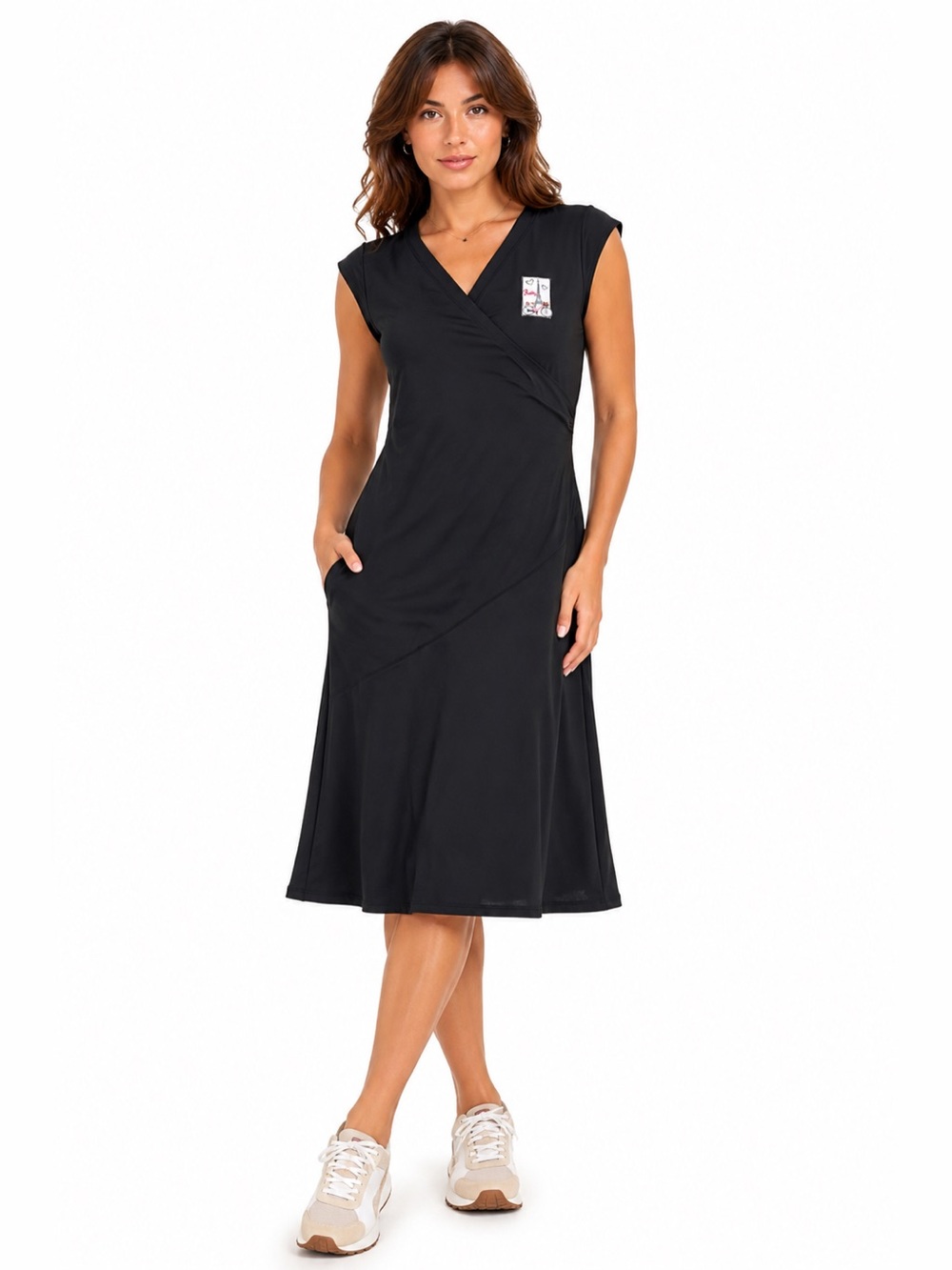 Athleta Paris Eiffel Tower Patch Wrap Ruched Midi Dress (Black) Size M/L